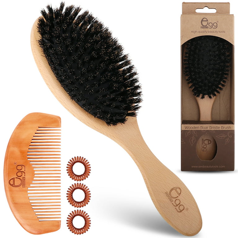 Black Egg Soft Hair Brush, 100% Natural Boar Bristle Hair Combo for Thin and Fine Hair Detangle Smoothing Haircare Beauty Gift for Her Women Men, Size