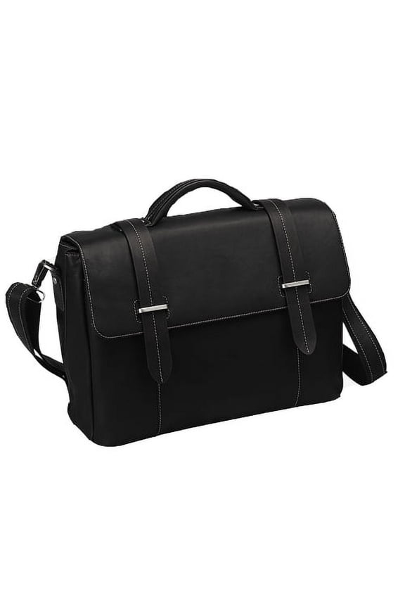 BLACK FLAP-OVER LEATHER COMPUTER BRIEFCASE