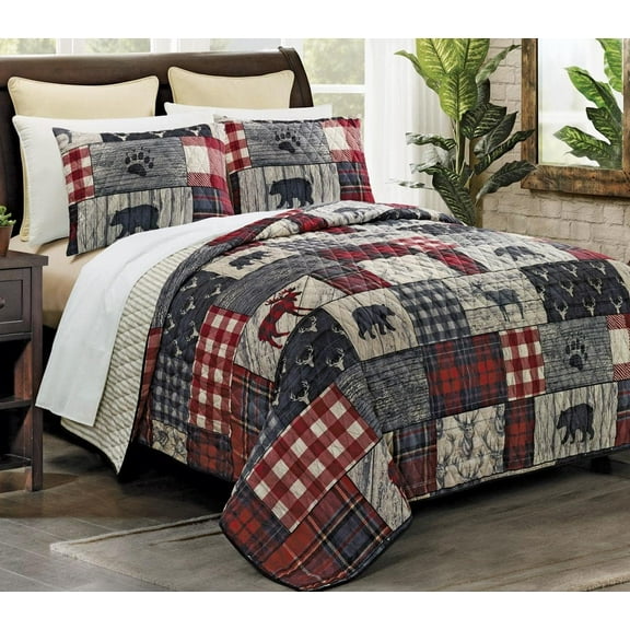 BLACK FOREST DECOR Wildlife Timber & Plaid Quilt Bed Set - Twin