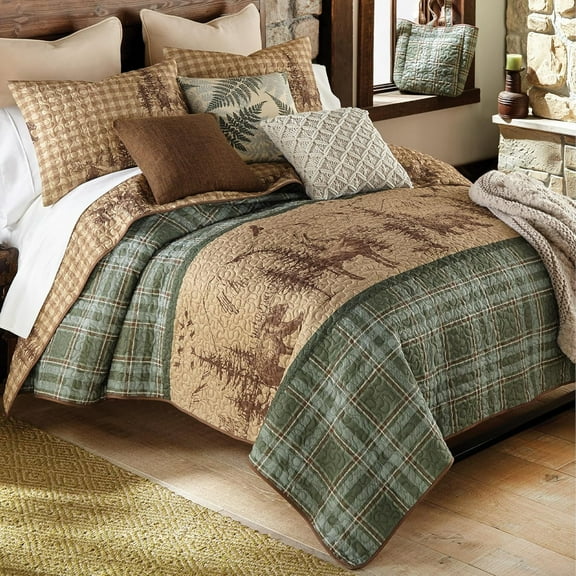 BLACK FOREST DECOR Woodland Sage Bear & Moose Wildlife Quilt Bed Set - Queen Size Lodge Bedroom Bedding with Mountain Wildlife Theme