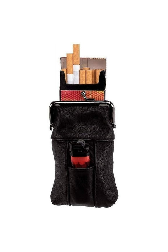 BLACK Genuine LEATHER LIGHTER & CIGARETTE CASE Smoke Tobacco Pocket Holder Pouch