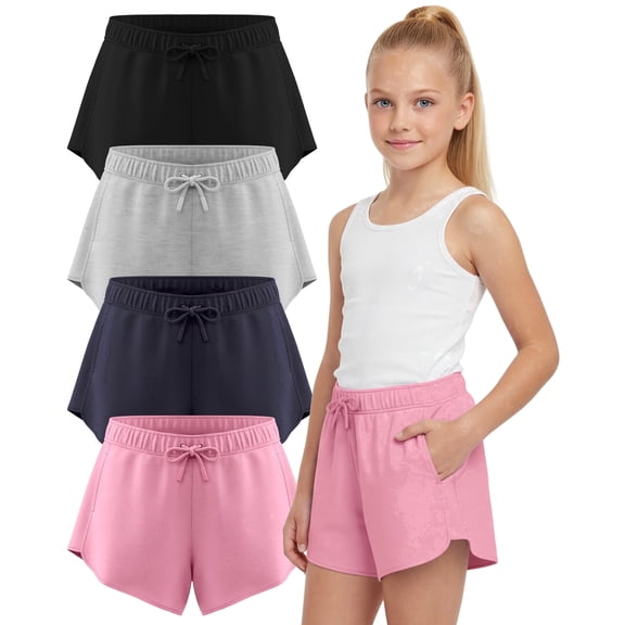 Pure Champ Girls Shorts 4 Pack Girls Athletic Shorts Ultra-soft Youth Quick Dry Dolphin With Drawstring Size Toddler -16 (Set 1 Size Small)