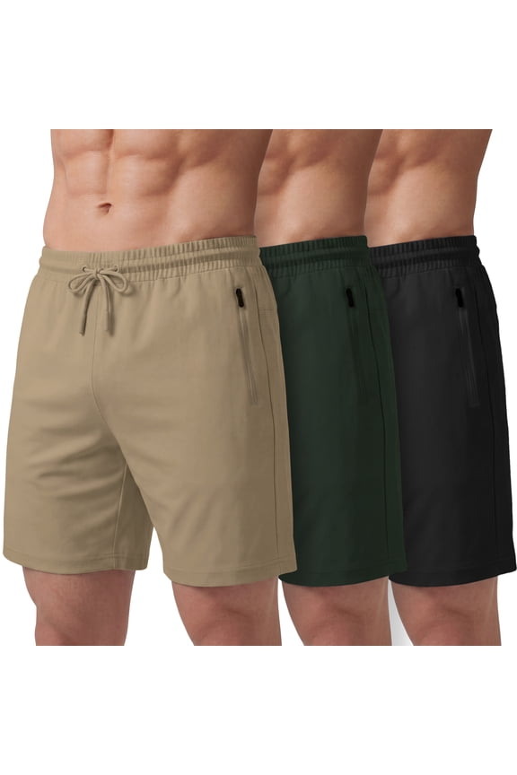 Athletic Shorts For Men 3 Pack Casual Shorts 8" Basketball Gym Shorts With Zipper Pockets Black, Hunter Green, Doeskin Size XL