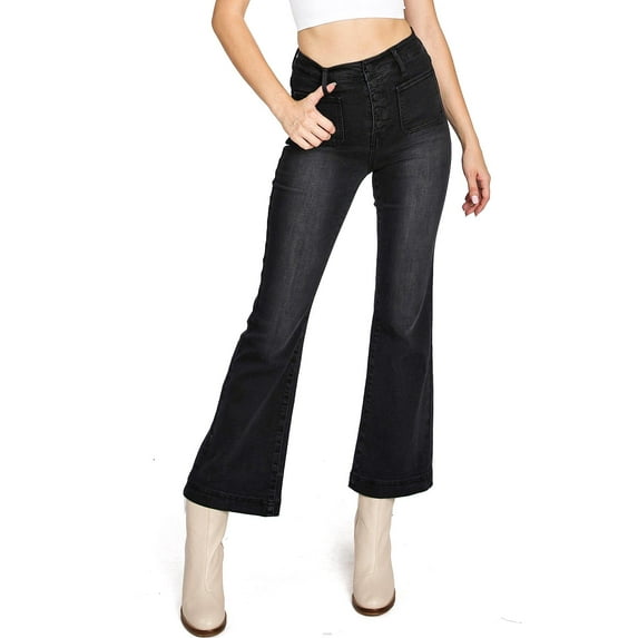 BLACK LABEL by C'est Toi Women's Juniors High Rise Crop Flare Jeans (1, Black)