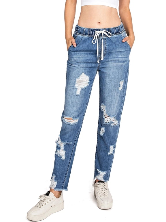 BLACK LABEL by C'est Toi Women's Juniors High Rise Distressed Denim Jogger Jeans (Denim, Medium)