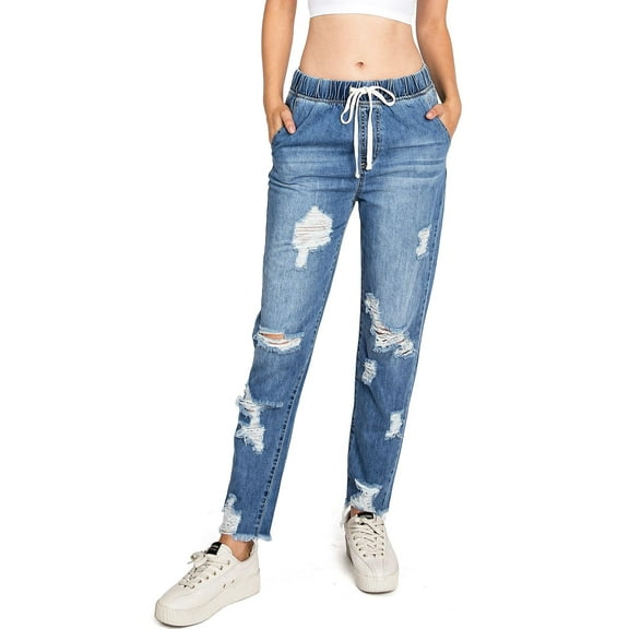 BLACK LABEL by C'est Toi Women's Juniors High Rise Distressed Denim Jogger Jeans (Denim, Small)
