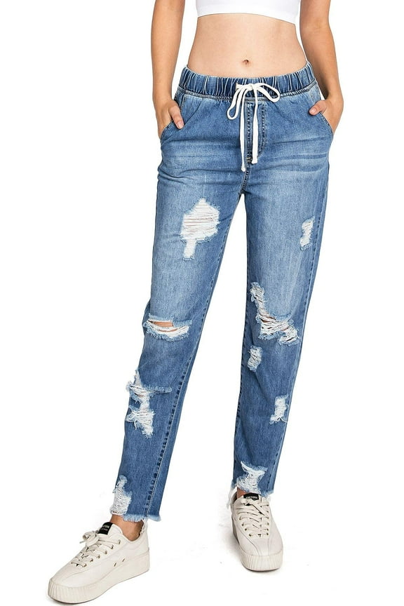 BLACK LABEL by C'est Toi Women's Juniors High Rise Distressed Denim Jogger Jeans (Denim, Small)