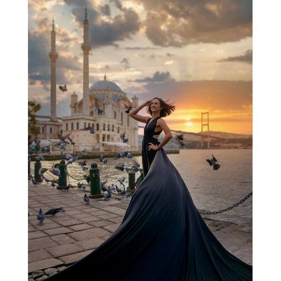 BLACK LONG FLYING DRESSES FOR WOMEN'S PHOTOSHOOT SANTORINI PHOTOSHOOT PRE WEDDING GOWNS UNIQUE HANDMADE DRESSES