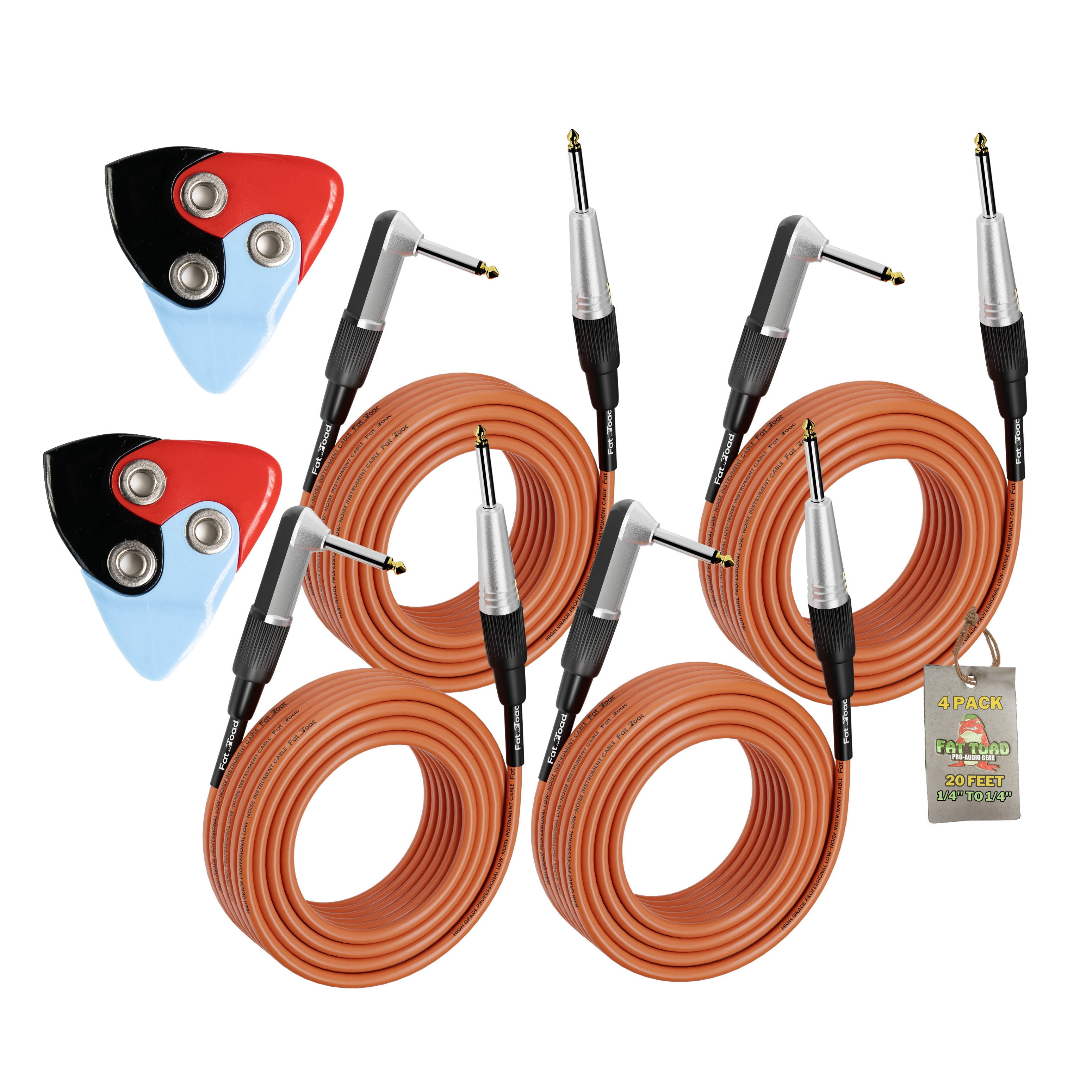 BLACK MOUNTAIN Asteroid Three in One Guitar Pick (2 Pack) Guitar Bundle with Fat Toad 20FT Right Angle Guitar Cables 4 Pack Cords for Acoustic Electric Guitar Bass Keyboards and Studio Gear