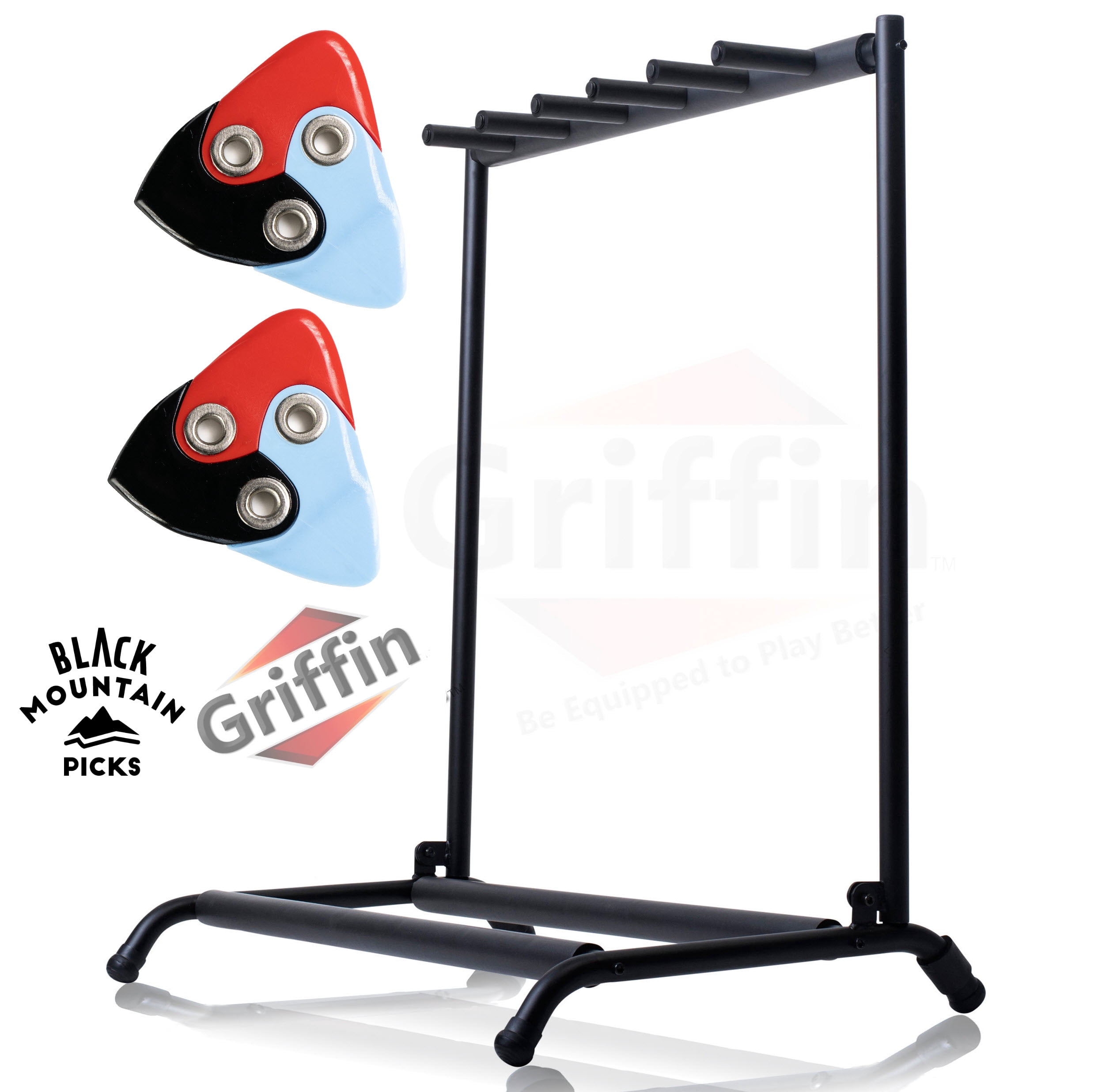 BLACK MOUNTAIN Asteroid Three in One Guitar Pick (2 Pack Guitar Bundle) Five Guitar Rack Stand by Griffin Holder for 5 Guitars & Folds Up For Easy Transport, Neoprene Tubing (Stage-NestPRO Series)