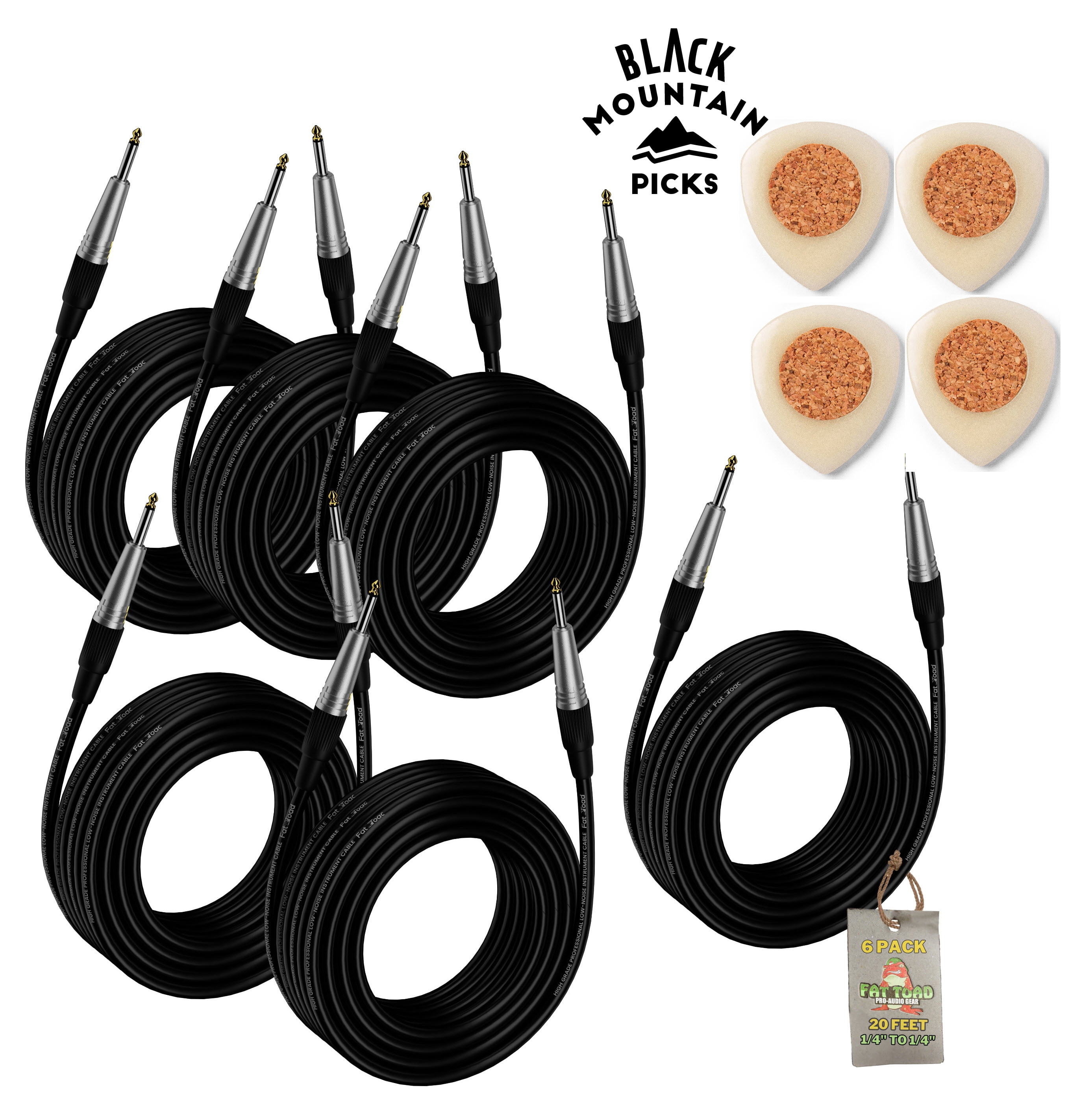 BLACK MOUNTAIN Handcrafted Tagua Guitar Picks 4 Pack Bundle Set plus Fat Toad 20FT Guitar Cables 6 Pack Shielded 1/4 Inch Instrument Cords for Acoustic Electric Guitar Bass Keyboards Speakers Amps