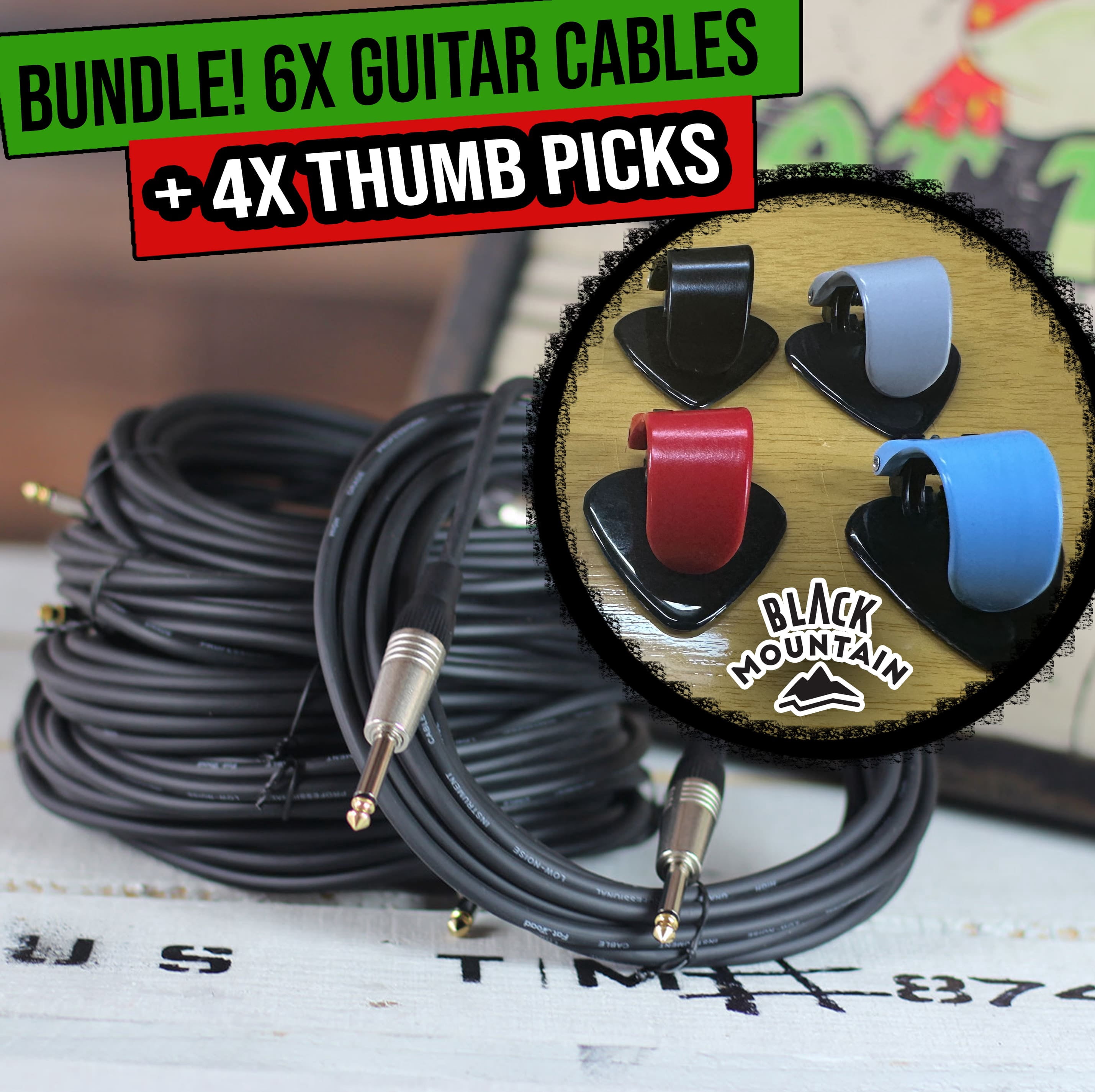 BLACK MOUNTAIN Thumb Guitar Picks with Fat Toad 20FT Guitar Cables 6 Pack Bundle