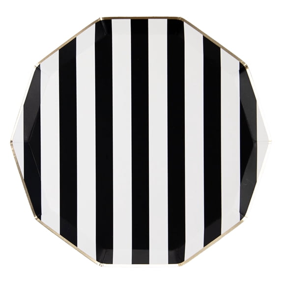 Bonjour Fte Black and White Striped Large Paper Dinner Plates, Disposable Party Supplies, 8 Count, 10.75 Inch, Happy Birthday, New Years Eve