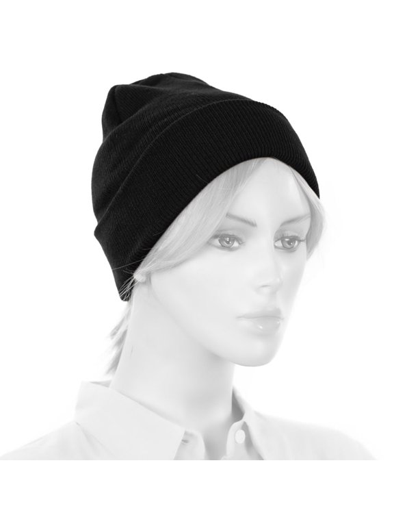 Black Cuffed Beanie Hat, Warm Soft Knit, Adult Size