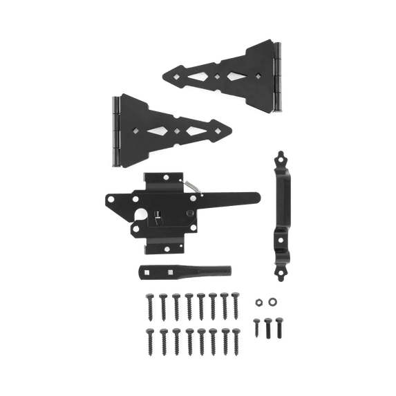 Hyper Tough Black Steel Post Latch Gate Kit with 8" Decorative Strap Hinges, Spring-Loaded Latch, Gate Pull Handle and Installation Hardware