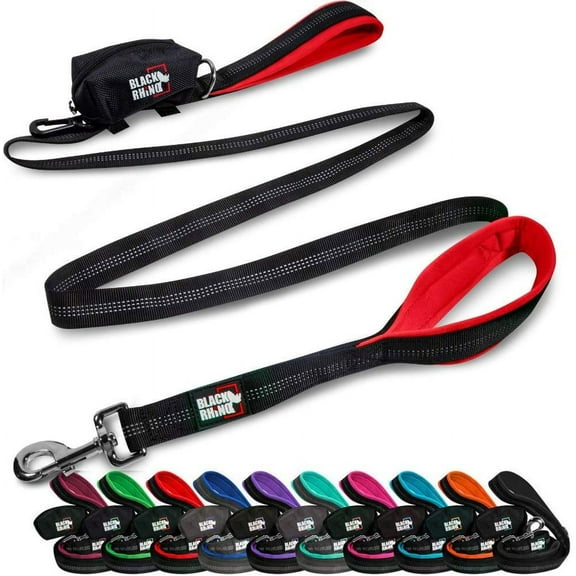 BLACK RHINO Heavy Duty Dog Leash Double Handle Reflective (6 Feet, Red)