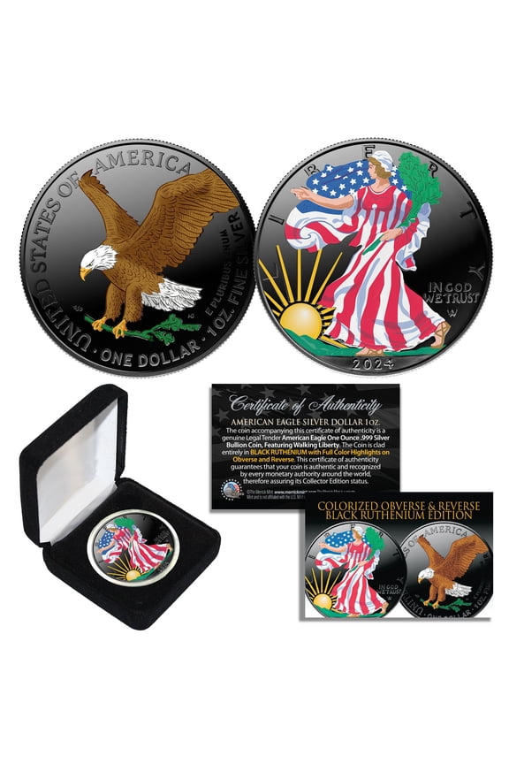 BLACK RUTHENIUM & COLORIZED 2-Sided 1 Troy Oz .999 2024 Silver Eagle Coin w/Box