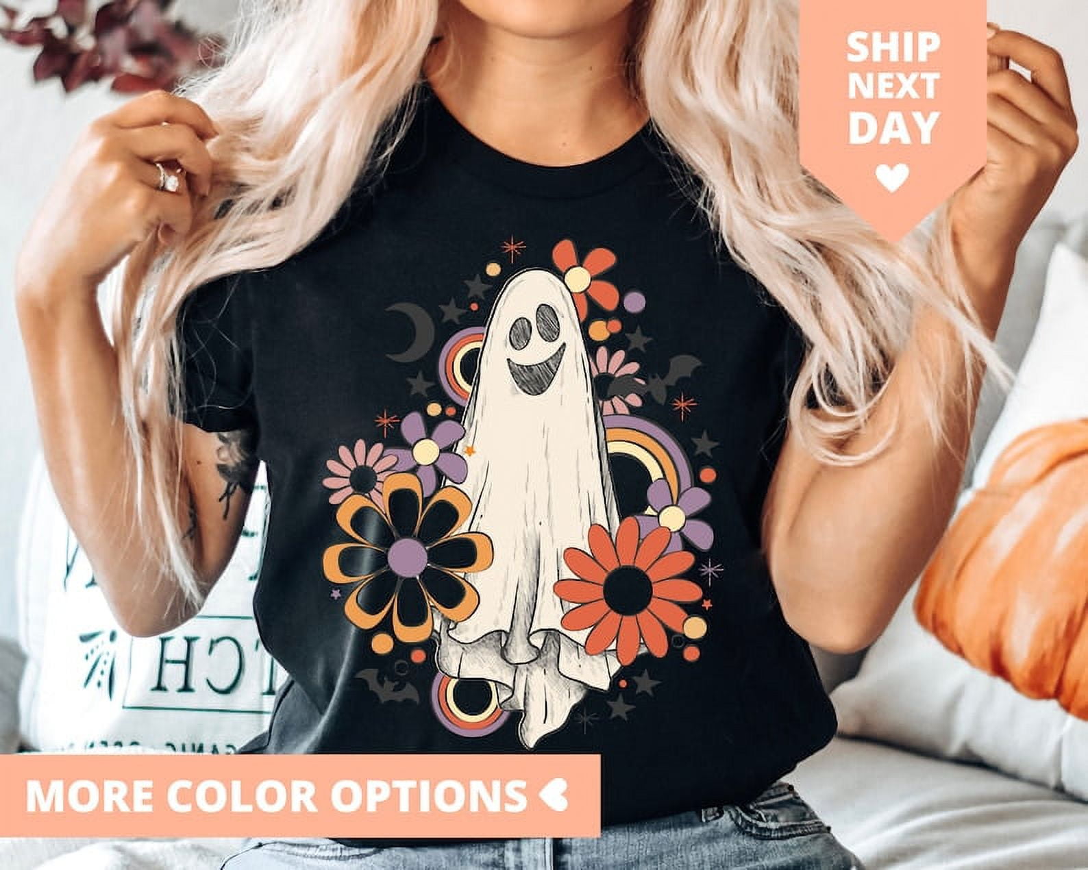 [BLACK] Retro Halloween Ghost Shirt, Flower Ghost Sketch TShirt
