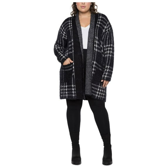 BLACK TAPE Womens Black Pocketed Textured Cardigan Long Sleeve Open Front Sweater Plus X