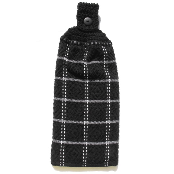 BLACK TERRY CLOTH - HANDMADE - DOUBLE THICK/FULL CROCHET TOP HANGING KITCHEN TOWEL
