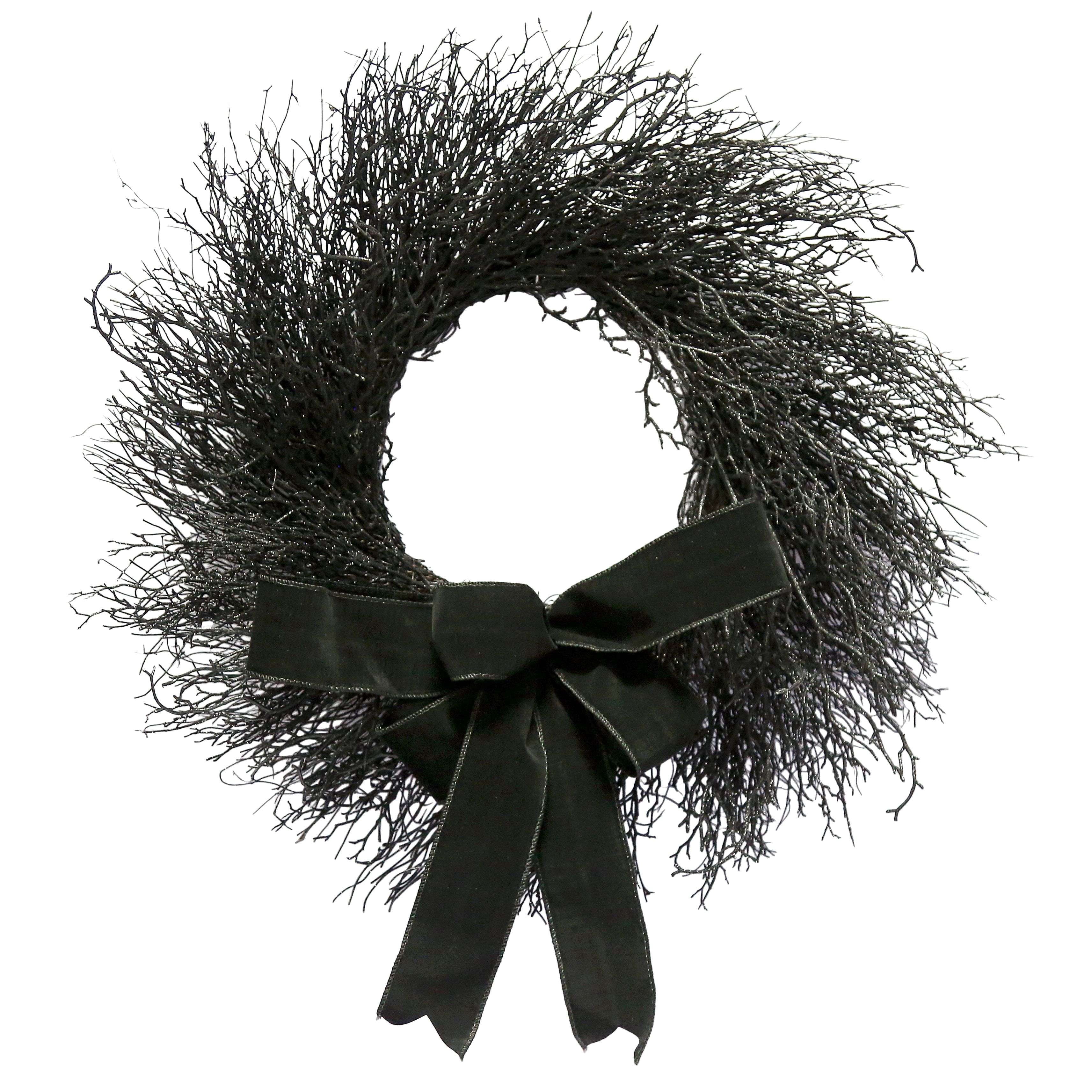 My Texas House Halloween Black Twig Wreath with Bow, 24"