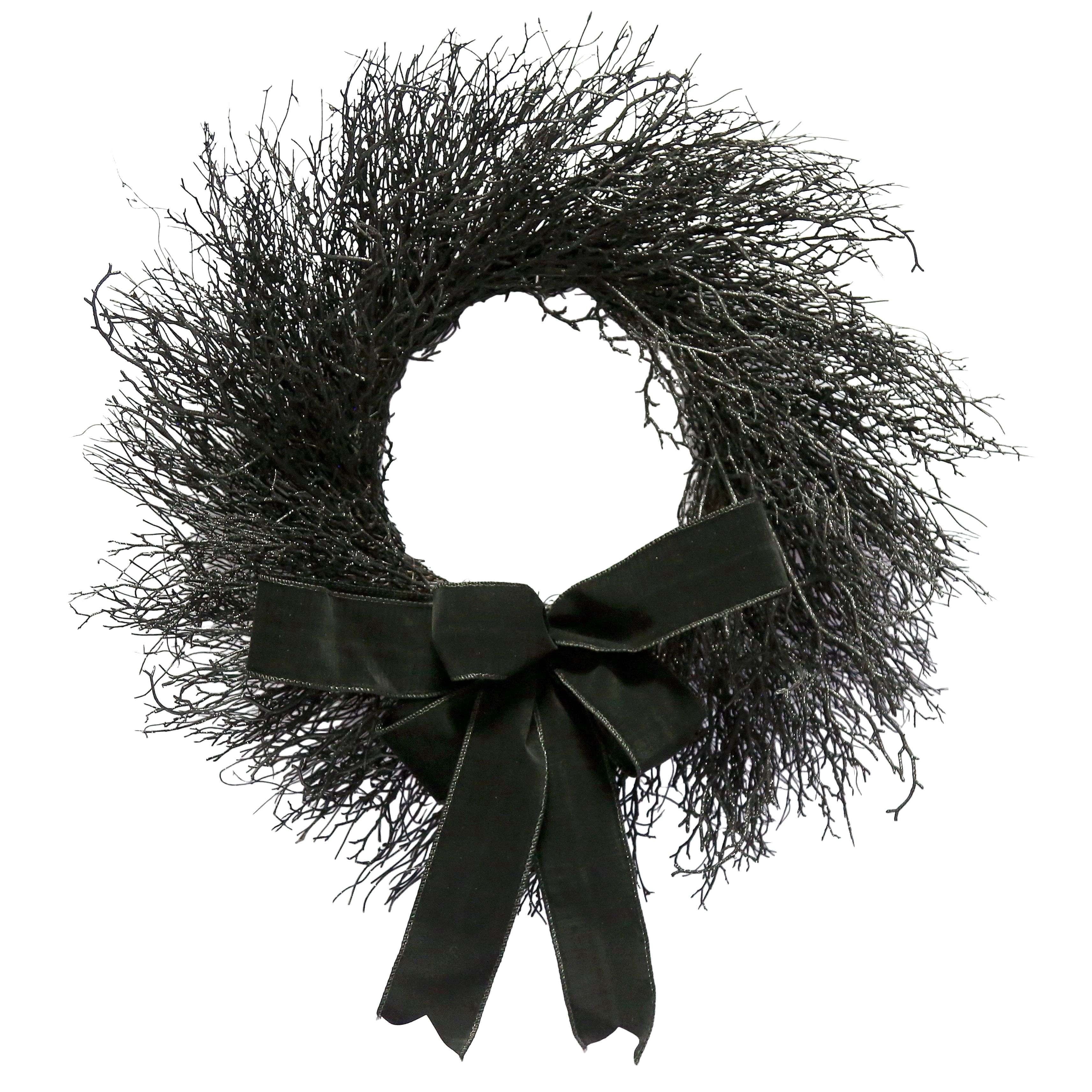 My Texas House Halloween Black Twig Wreath with Bow, 24"