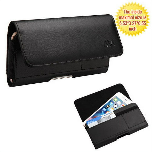 BLACK Universal [6.53" X 3.27" X 0.55"] Horizontal Leather Carrying Holster Pouch Wallet Case with ID, Credit Card Slot & Belt Clip For APPLE iPhone 8 Plus /7 Plus / 6s Plus /6 Plus /XS Max /XR