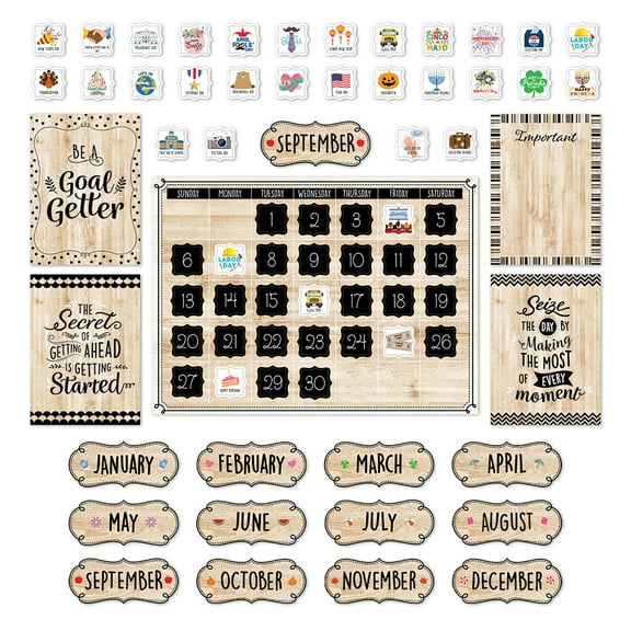 Creative Teaching Press Black, White, and Wood Calendar Set Bulletin Board Set, 87 Pieces