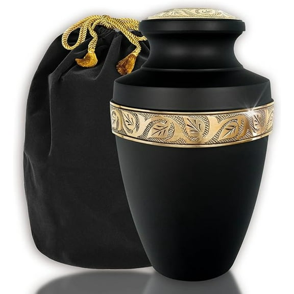 BLACK WITH GOLD DESIGN CREMATION URN FOR ASHES MEMORIAL URN FOR ASHES ANTIQUE URN FOR ADULTS