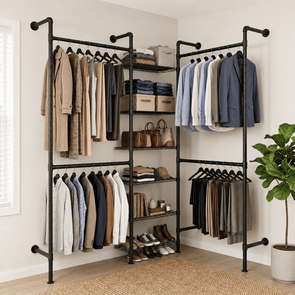 Wall Mount Industrial Pipe Closet Organizer System, Expandable Clothing Rack with Adjustable Shelves & Hanging Rods for Corner Wardrobe Storage, Black