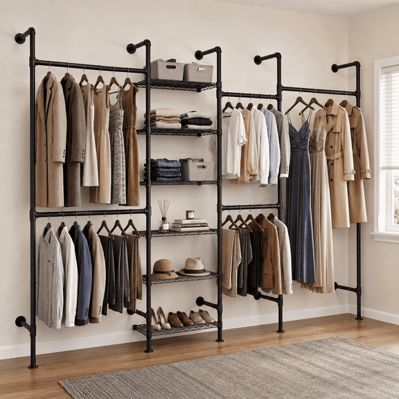Wall Mount Industrial Pipe Closet System, Expandable Clothing Rack with Adjustable Shelves for Wardrobe Corner Storage, Black