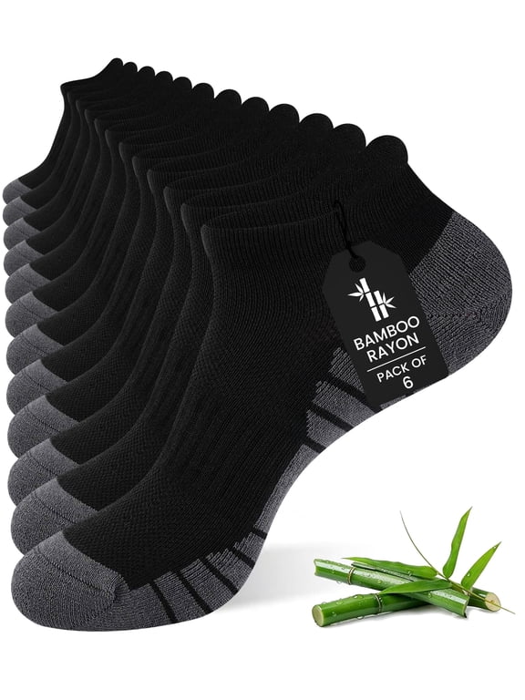6 Pairs Men's Bamboo Fiber Ankle Socks, Low Cut Cushioned Athletic Running Workout Fitness Socks ,BLACK ( 10-13)