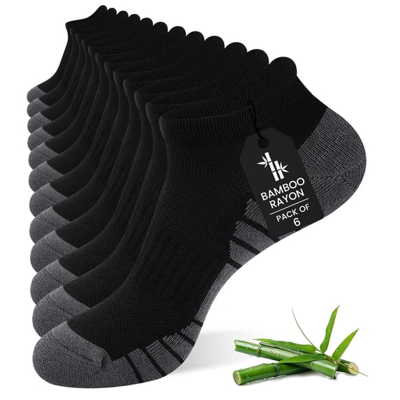 HIALTODAY 6 Pairs Men's Bamboo Fiber Ankle Socks, Low Cut Cushioned Athletic Running Workout Fitness Socks ,BLACK (13-15)