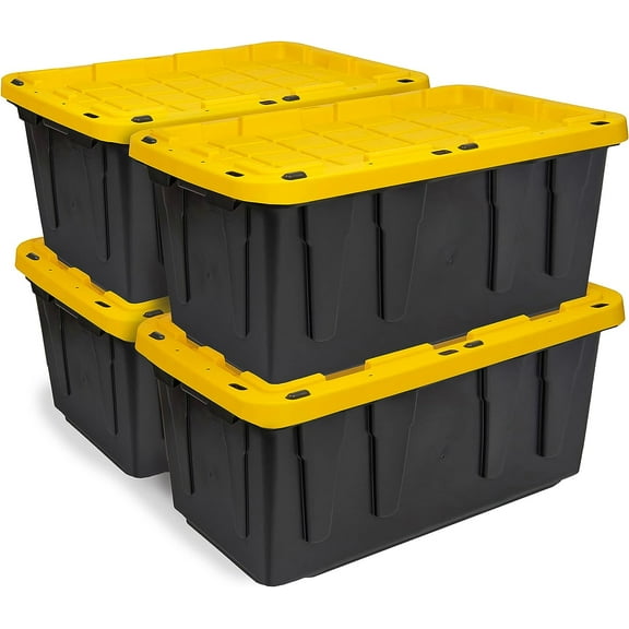 BLACK & YELLOW 17-Gallon Heavy Duty Storage Bins with Lids, Stackable Plastic Storage Bins, Dorm Room Essentials,MovingBoxes,BacktoSchool,ClassroomOrganization,HomeOrganization,4Pack(12.5Hx18Wx26.9D)