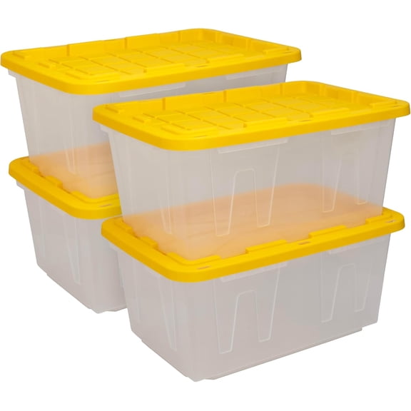 BLACK & YELLOW 27-Gallon Heavy Duty Clear Stackable Storage Bins with Lids, Dorm Room Essentials, Dorm Storage, Moving Boxes, Back to School, Classroom Organization, Home Organization, 4 Pack (14.3H