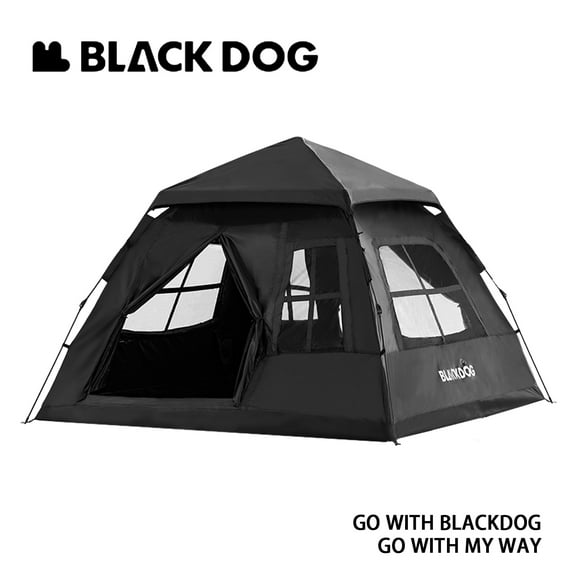 BLACKDOG, Family Camping Tent, Automatic Quick-opening Black Vinyl Coating Tent for 4 people, Easy setup Camping Tent with Two Doors and Four Vent Windows, Waterproof and Sun Protection