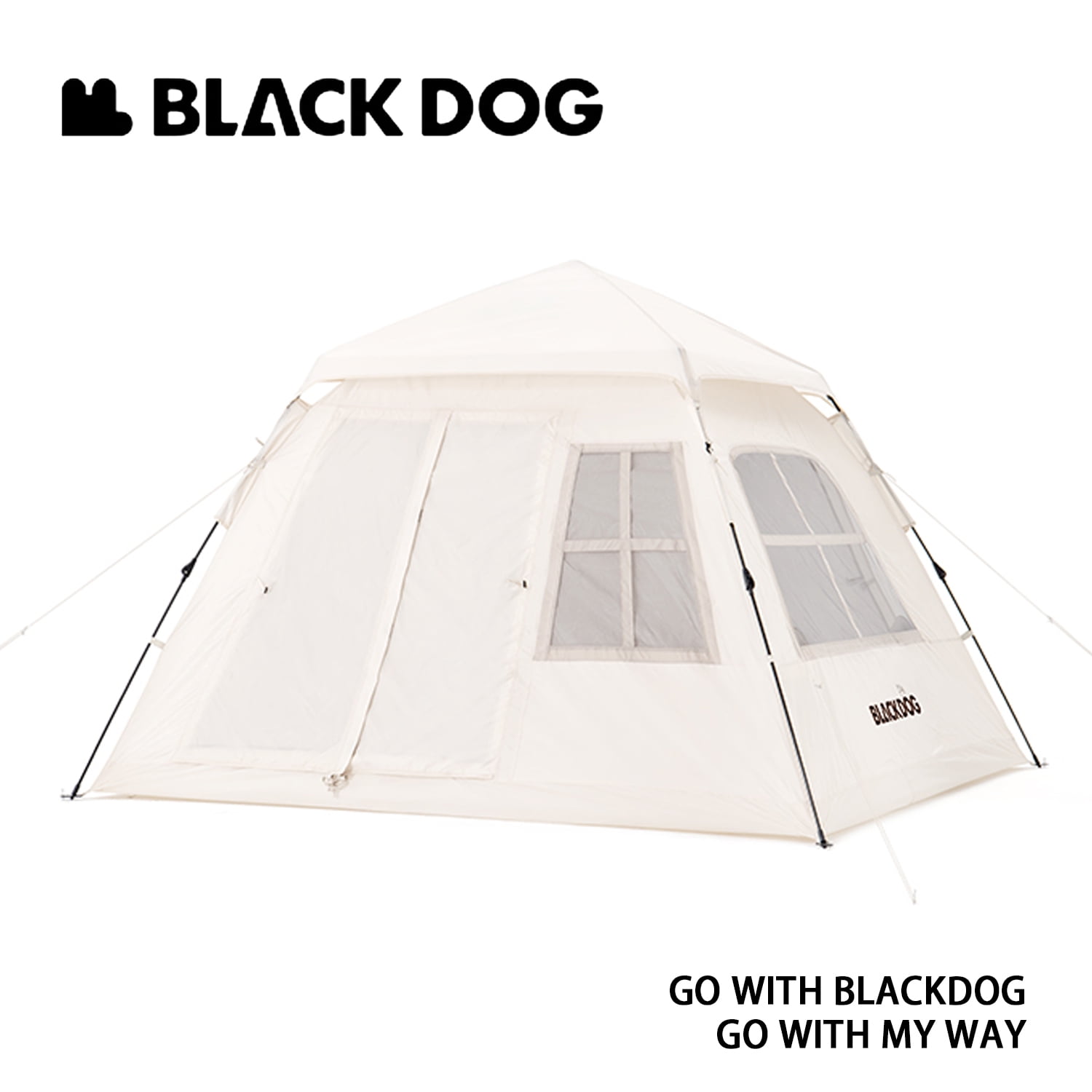 BLACKDOG, Family Camping Tent, Automatic Quick-opening Black Vinyl Coating Tent for 4 people, Easy setup Camping Tent with Two Doors and Four Vent Windows, Waterproof and Sun Protection