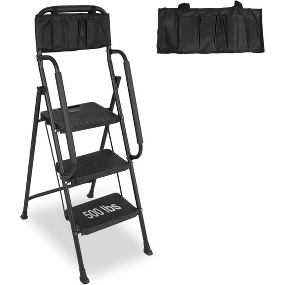 BLACKHORSE-RACING 3 Step Ladder with Handrails & Attachable Tool Bag, 500 lbs Folding Step Stool Ladder, Wide Non-Slip Pedal for Kitchen Pantry Home Office, Black