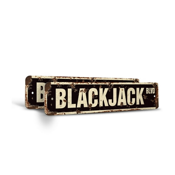 BLACKJACK Vintage Style Rustic Street Sign – (2 Pack) Cards Casino Gamble 21 Chips Retro Decorative Wall Sign for Home, Bar, Garage, or Outdoor Use | 4" X 18" Plastic Road Sign