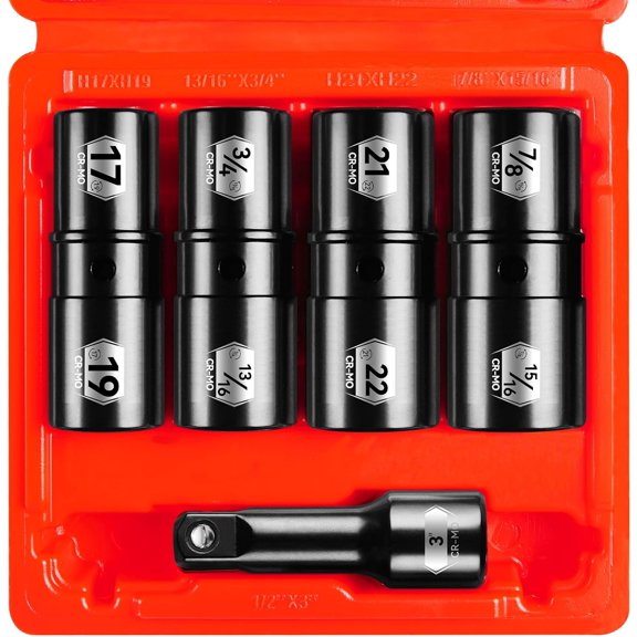 BLACKROBOT 5-Piece 1/2" Drive Lug Nut Impact Socket Set, Include 17mm19mm, 21mm22mm, 3/4"13/16", 7/8"15/16" & 3" Extension Bar, Flip Socket Design, Cr-Mo Steel with Electroplated Surface$$