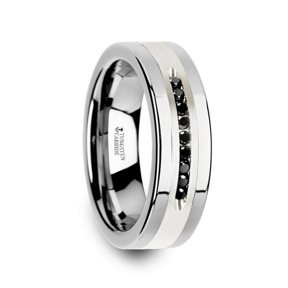 BLACKSTONE Flat Tungsten Wedding Band with Brushed Silver Inlay Center and 9 Channel Set Black Diamonds - 8mm