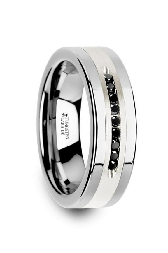 BLACKSTONE Flat Tungsten Wedding Band with Brushed Silver Inlay Center and 9 Channel Set Black Diamonds - 8mm