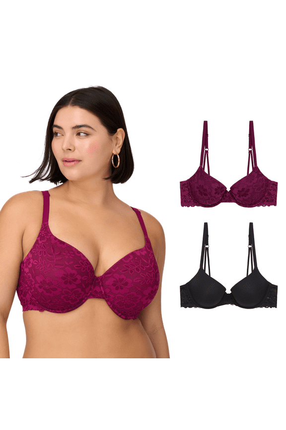. Women's All Over Lace Underwire Push Up Bra with Adjustable Straps, 2-Pack , Sizes 34B-40DD