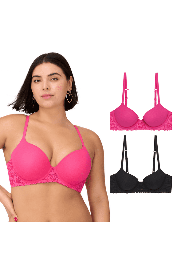 . Women's Micro and Lace Underwire T-Shirt Bra with Adjustable Straps, 2-Pack, Sizes 34B-40DD