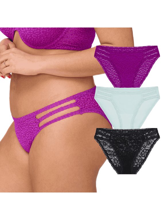 . Women's All Over Lace and Mesh Bikini Underwear, 3-Pack, Sizes S-2X