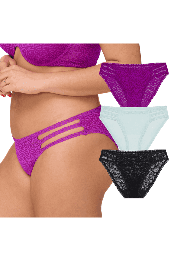 . Women's All Over Lace and Mesh Bikini Underwear, 3-Pack, Sizes S-2X