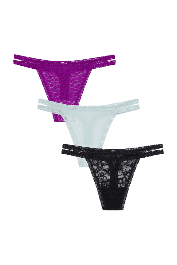 . Women's All Over Lace and Mesh Thong Underwear, 3-Pack, Sizes S-2X
