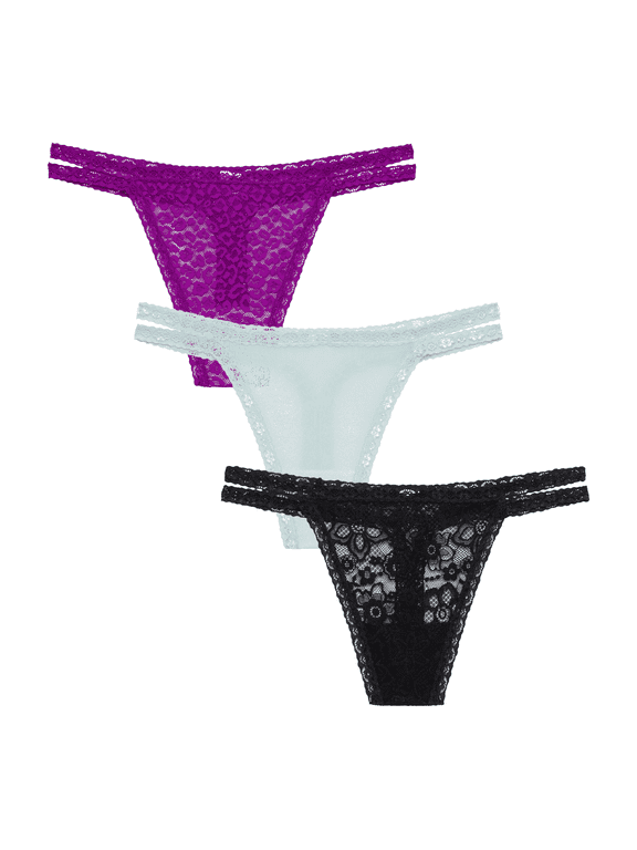 . Women's All Over Lace and Mesh Thong Underwear, 3-Pack, Sizes S-2X