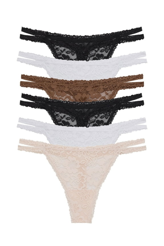 . Women's All Over Lace and Mesh Thong Underwear, 6-Pack, Sizes S-2X