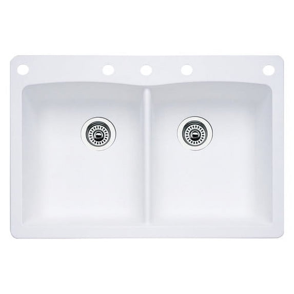 BLANCO Diamond Si ranit 50/50 Double Bowl Undermount or Drop-in Kitchen Sink, 33" L X 22" W X 9.5" D, White White 33" L X 22" W X 9.5" D